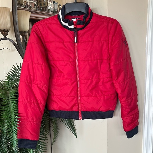 Tommy Hilfiger Tommy Girl Jeans Red Zippered Cropped Puffer Jacket Winter Coat - Picture 1 of 14